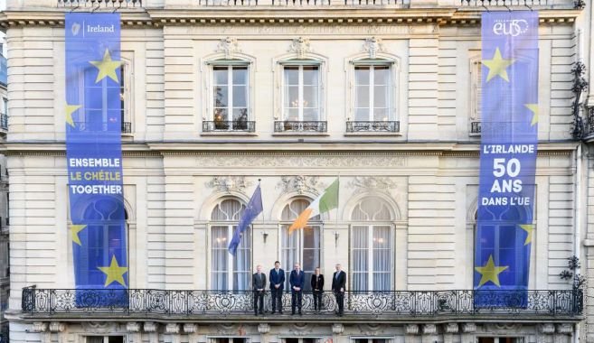 Banners on front of Irish Embassy in Paris