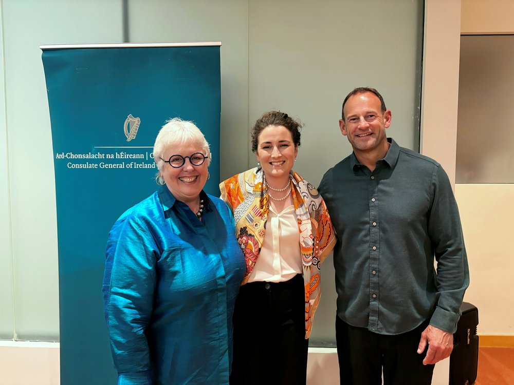Image of the Consul General, Consul General, Caitlín Higgins Ní Chinnéide, Professor Jane Ohlmeyer, and Comedian David Nihill at the pre-screening reception.