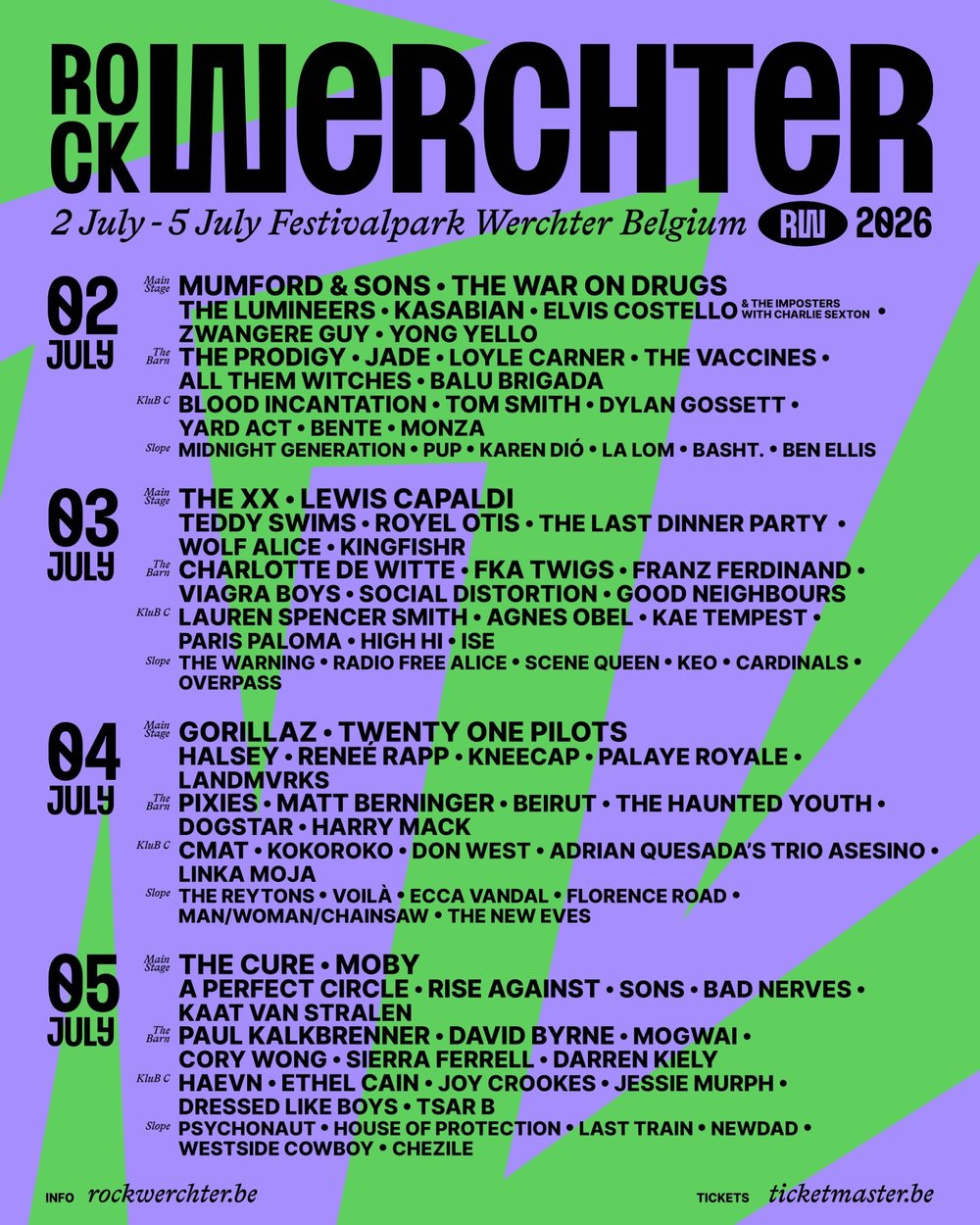 Line up and agenda of Rock Werchter 2026