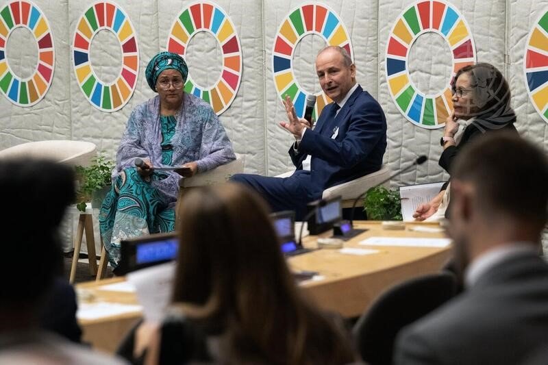 Taoiseach Micheál Martin speaking at the SDG Moment 2025. The event is held every year to highlight inspiring action on the Sustainable Development Goals.