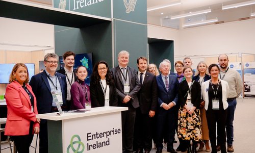 Group of people standing infront of the Irish pavilion with Enterprise Ireland at Sea Week 2024