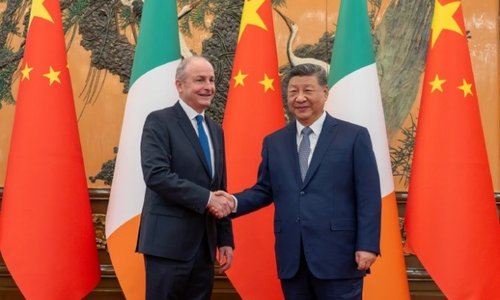 Taoiseach Micheál Martin shakes hands with President Xi Jinping in front of alternating Chinese and Irish flags.